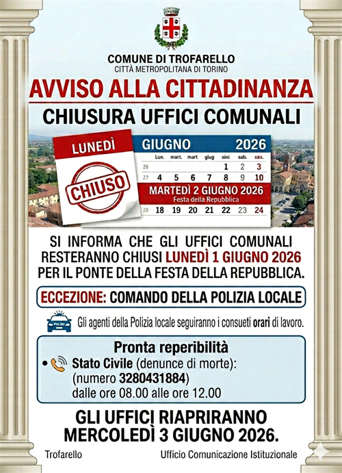 Avviso alla cittadinanza chiusura uffici comunali 1 e 2 giugno 2026