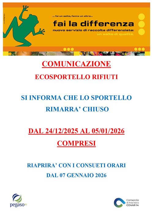 Avviso alla Cittadinanza Chiusura Festività Natalizie Ecosportello Covar 14