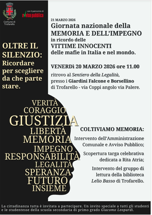 Trofarello celebra la giornata della memoria e dellimpegno in ricordo delle vittime innocenti delle mafie