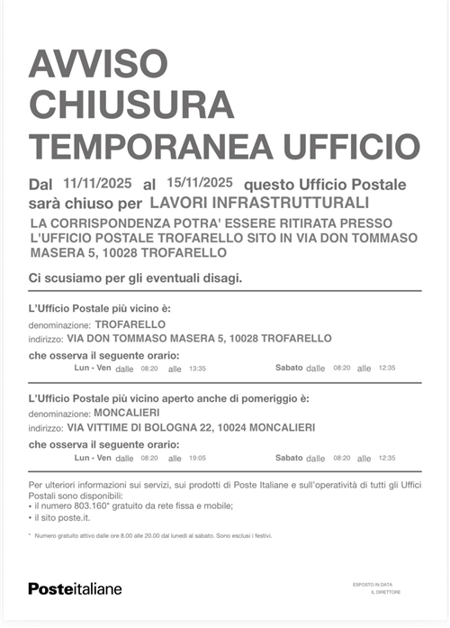 Chiusura temporanea Ufficio Postale di Valle Sauglio